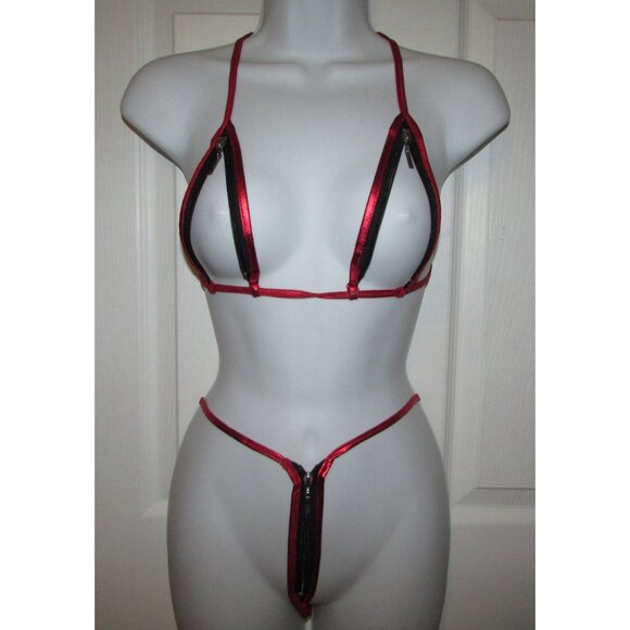 Red Metallic Micro Zippered Top Skimpy String Thong Bikini - NEW - Picture 6 of 8